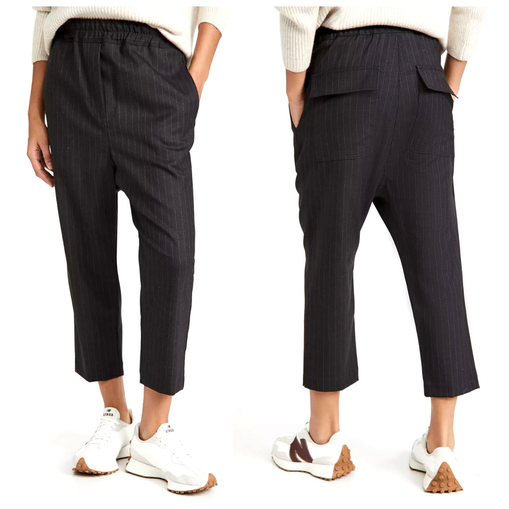 Nili Lotan XS Virgin Wool Safi Pant Drawstring Elastic Waist Crop Gray Pinstripe